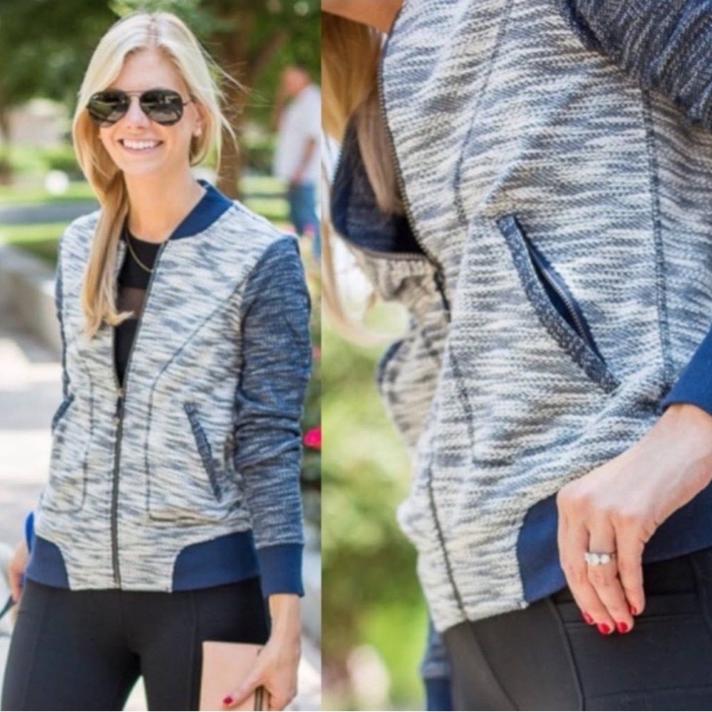 Athleta Navy Heathered Bombastic Slub Knit Bomber Blue White Size Large